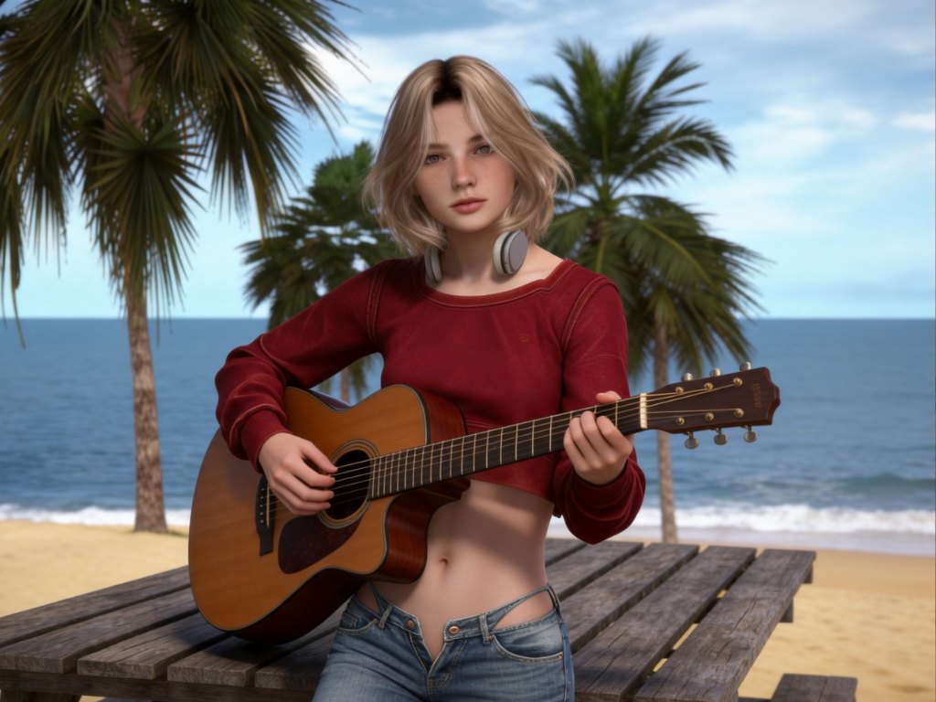 Tinker playing guitar on a beach in Second Life